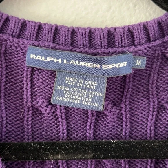 VTG Y2K Ralph Lauren Sport Cable Knit Sweater Women XS Purple V Neck Pony Preppy - Picture 2 of 4